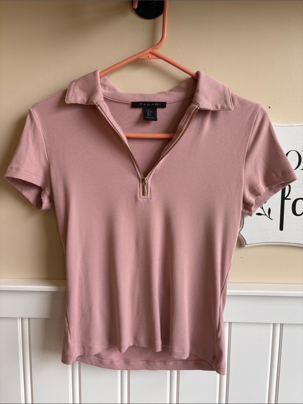 Tahari Dusty Rose Short Sleeve Polo Zip Top
